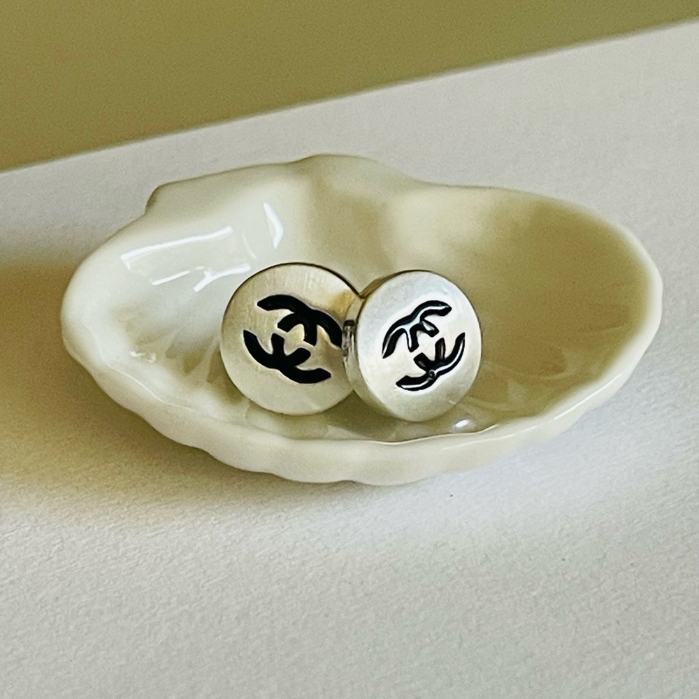 Classic Double C Round brushed matte Silver and black enamel Earrings